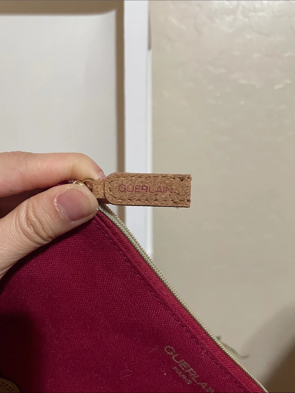 GUERLAIN Wine Red Canvas Cosmetic Pouch with Scalloped Suede Trim